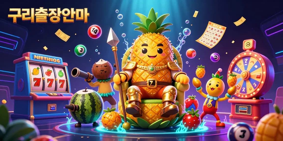 Engage with 구리출장안마 through a lively casino scene featuring the golden pineapple king, vibrant lottery balls, and spinning prizes.