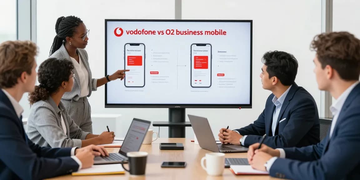 Team discussing Vodafone vs O2 business mobile options in a bright office.