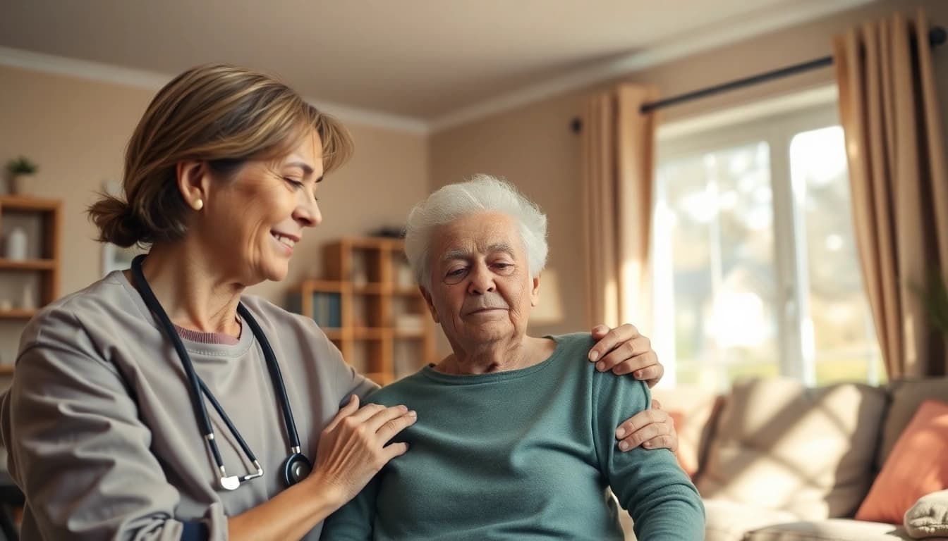 Engaging moment of in home respite care, showcasing caregiver support for an elderly client in a cozy environment.