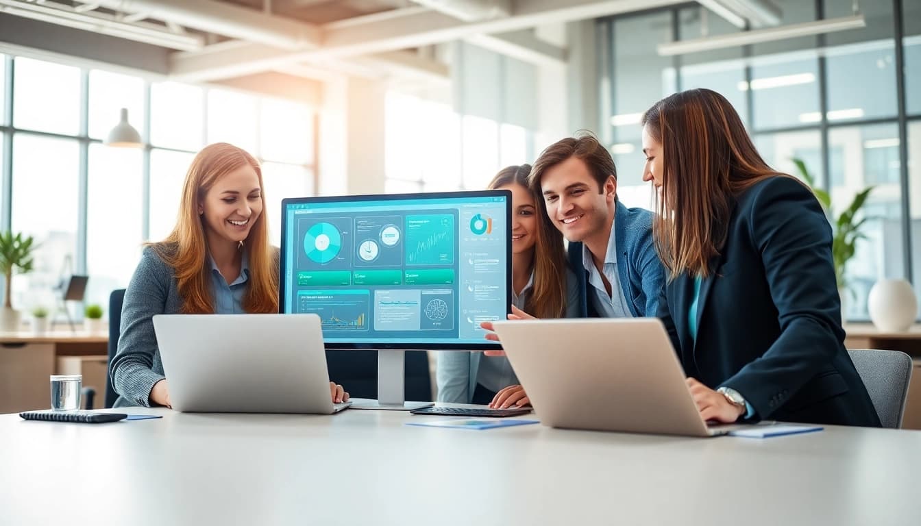 Utilize enterprise assistant software for team collaboration in a modern office.
