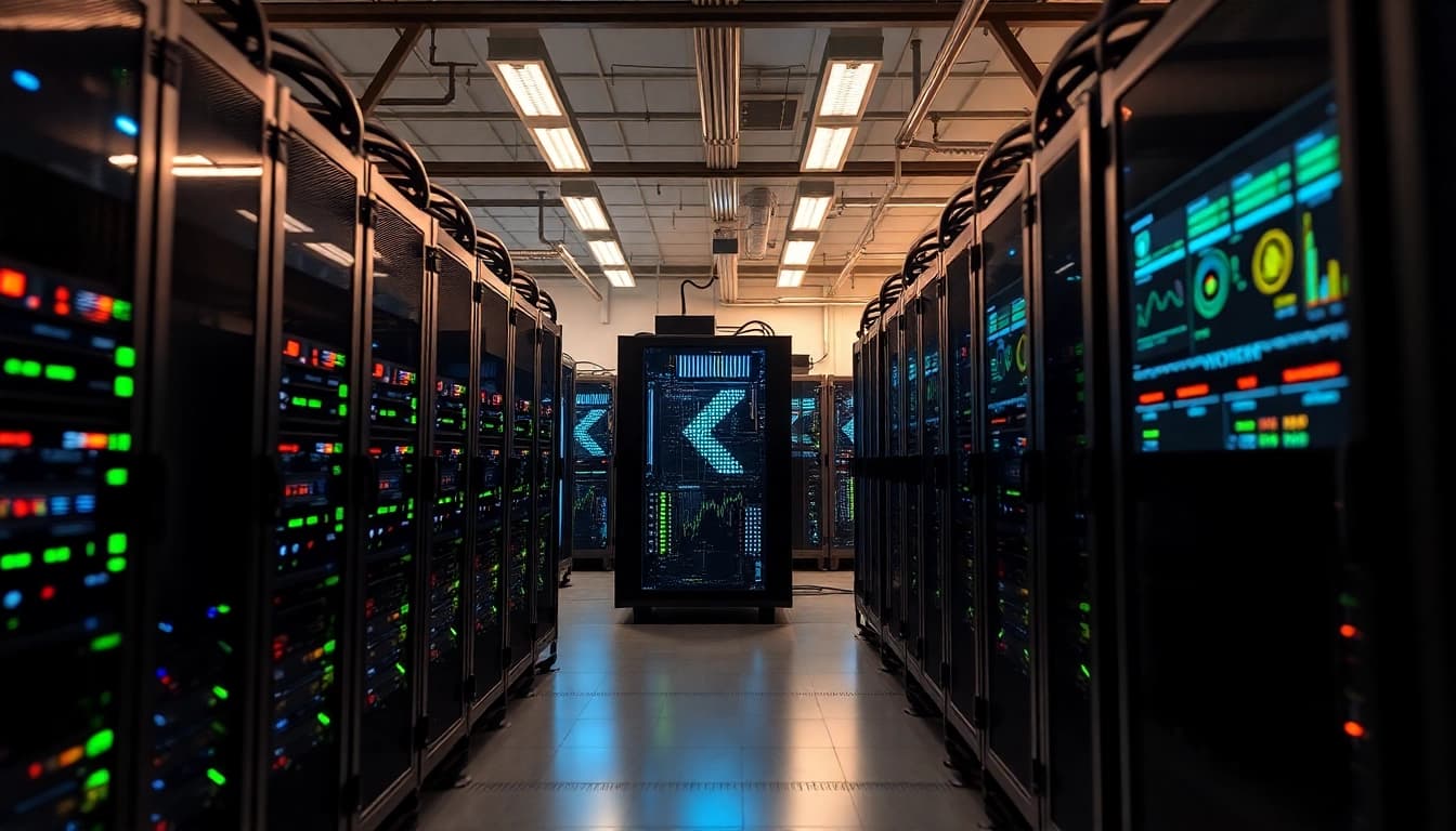 Dynamic view of bitcoin mining operations in a modern data center with ASIC mining rigs.