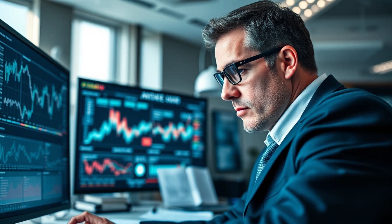 Assessing National Security Risk in a modern office with charts and screens.