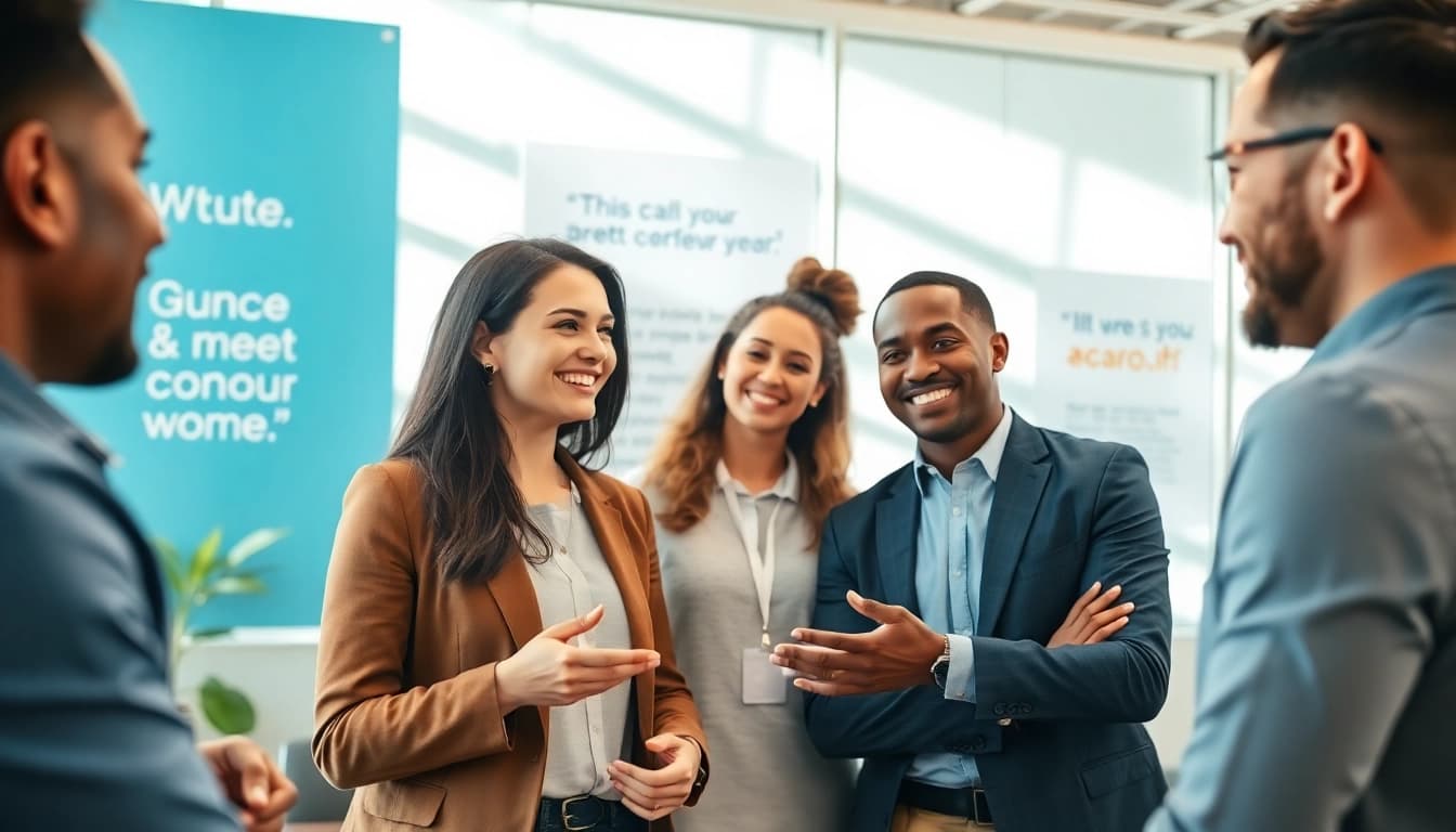 Engaging CPG recruiting scene with a recruiter and diverse candidates in a professional setting.