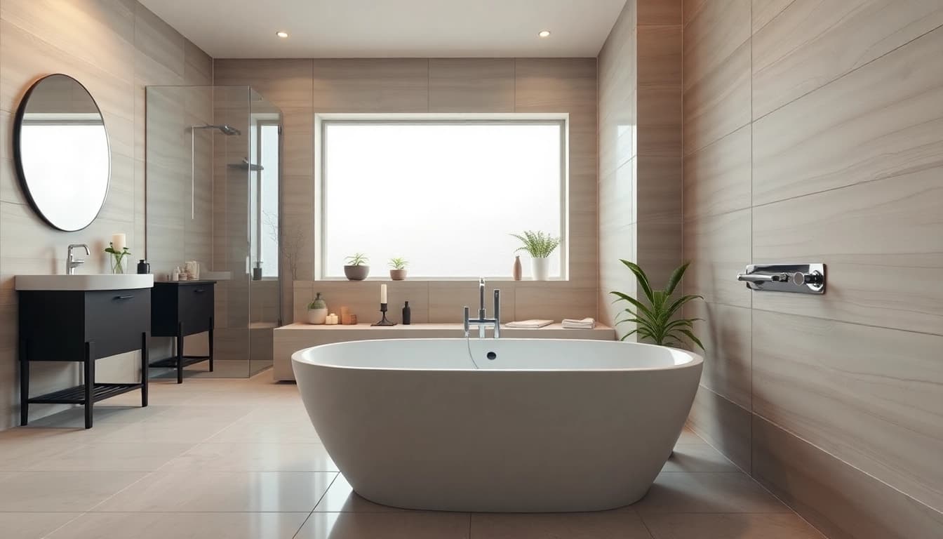 View of a modern bathroom showcasing stylish renovations, highlighting bathroom renovation cost.
