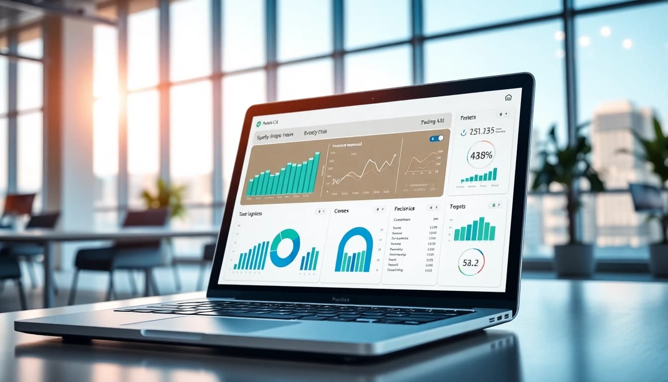 Visualize supply chain AI software analytics on a professional laptop in a bright office setting.