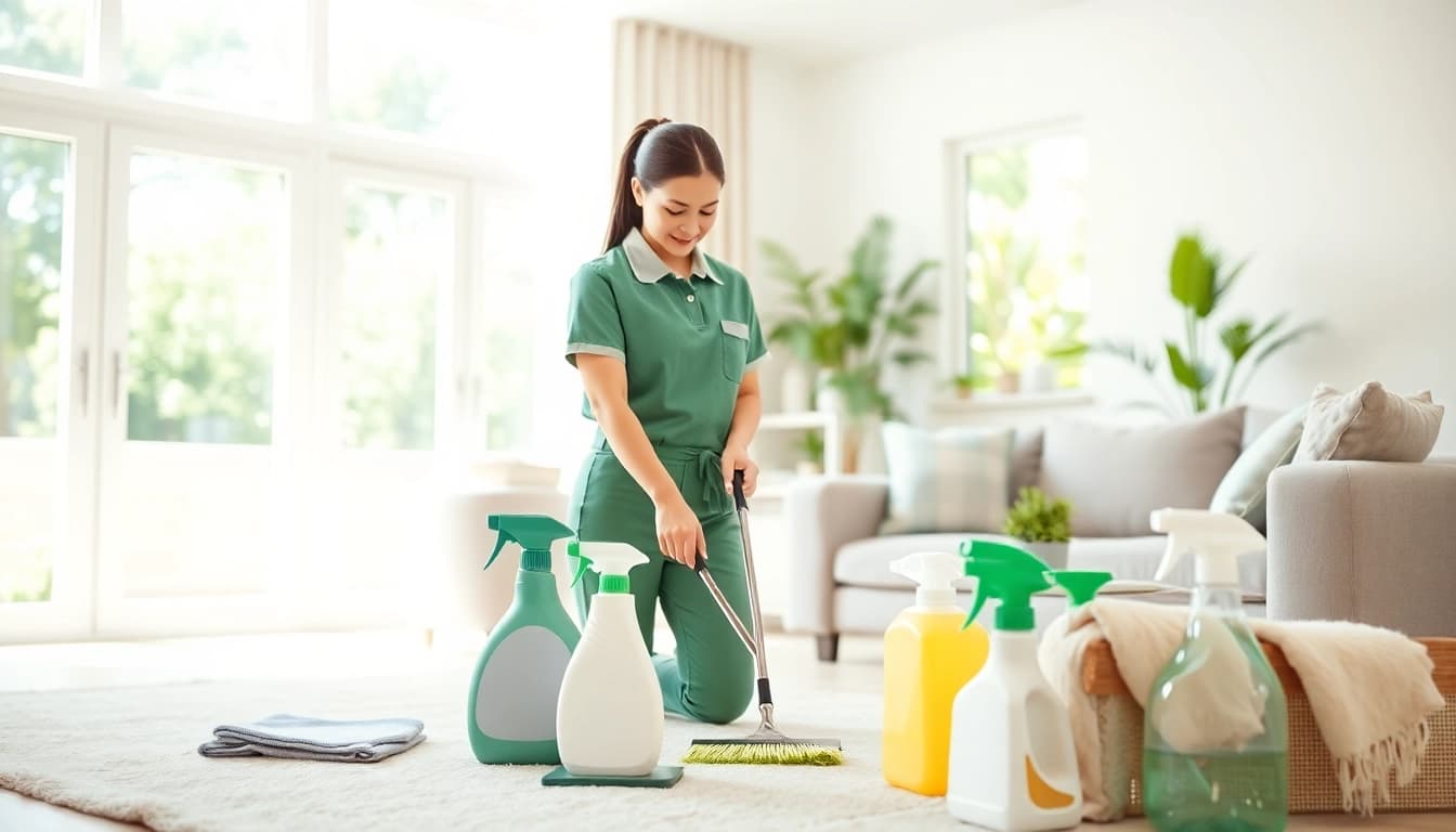 Find reliable cleaning services near me with a professional cleaner organizing a modern living room.