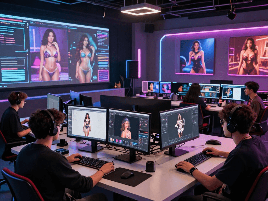 AI porn creatives collaborating in a futuristic digital art studio.