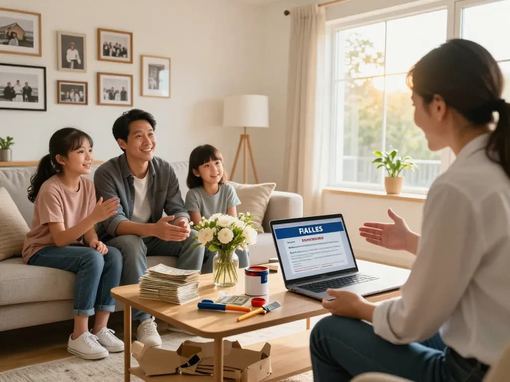 We buy houses for cash scene with a family discussing home sale details in a bright living room, stacks of cash nearby, creating a welcoming atmosphere.