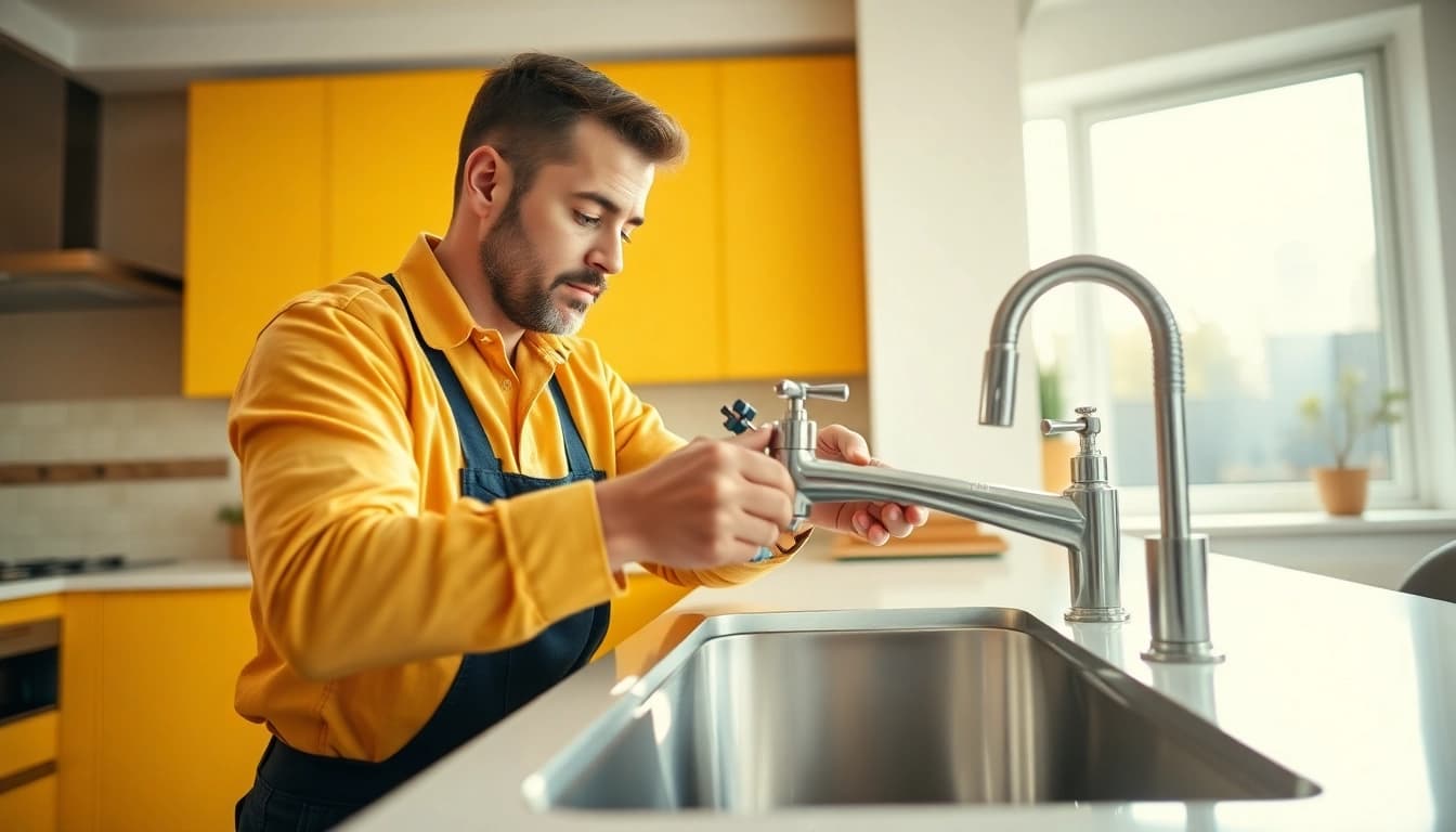 Plumber near me fixing a sleek new sink in a bright kitchen setting.