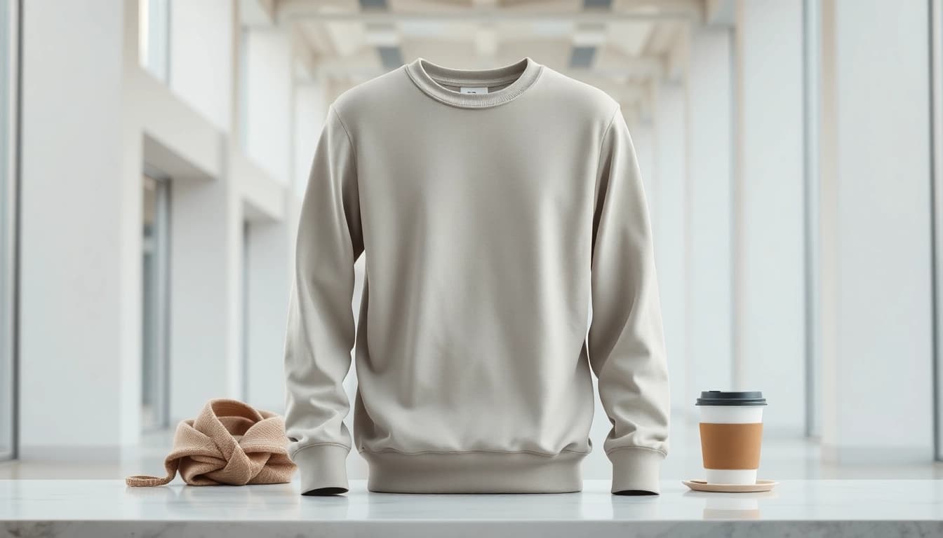 Model showcasing a stylish blank crewneck against a minimalist backdrop emphasizing its versatile design.