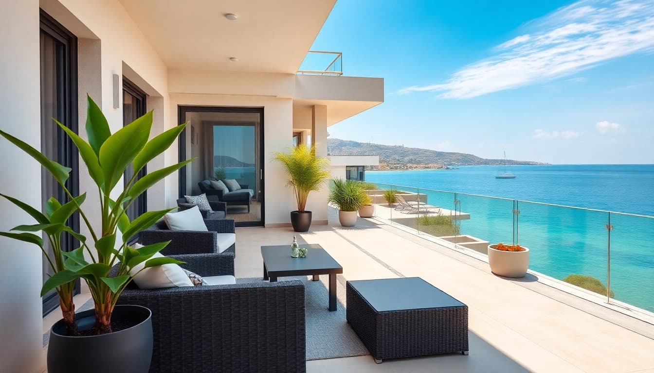 Relaxing balcony of an apartment for rent in Alanya, Turkey, showcasing stunning views of the Mediterranean.