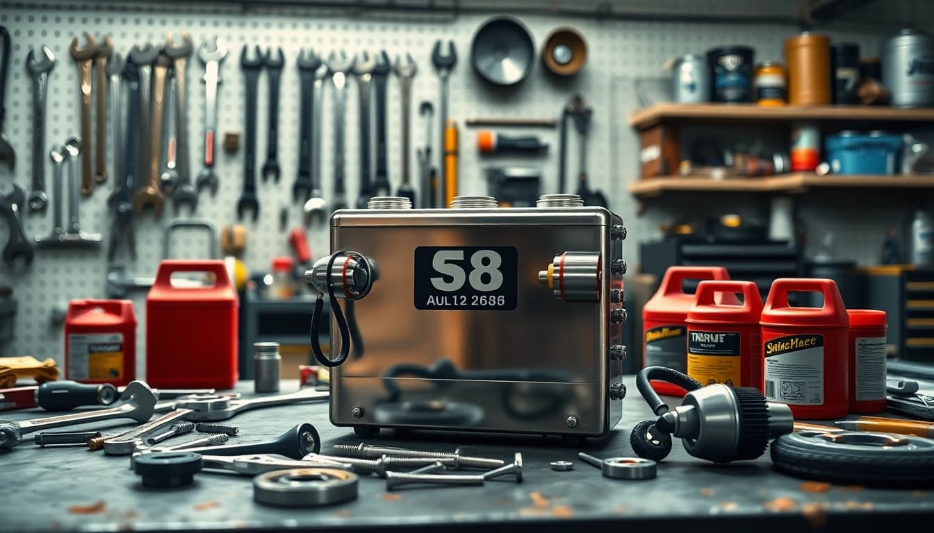 The S58 Auxiliary Fuel Kit showcases its robust design amidst essential workshop tools.