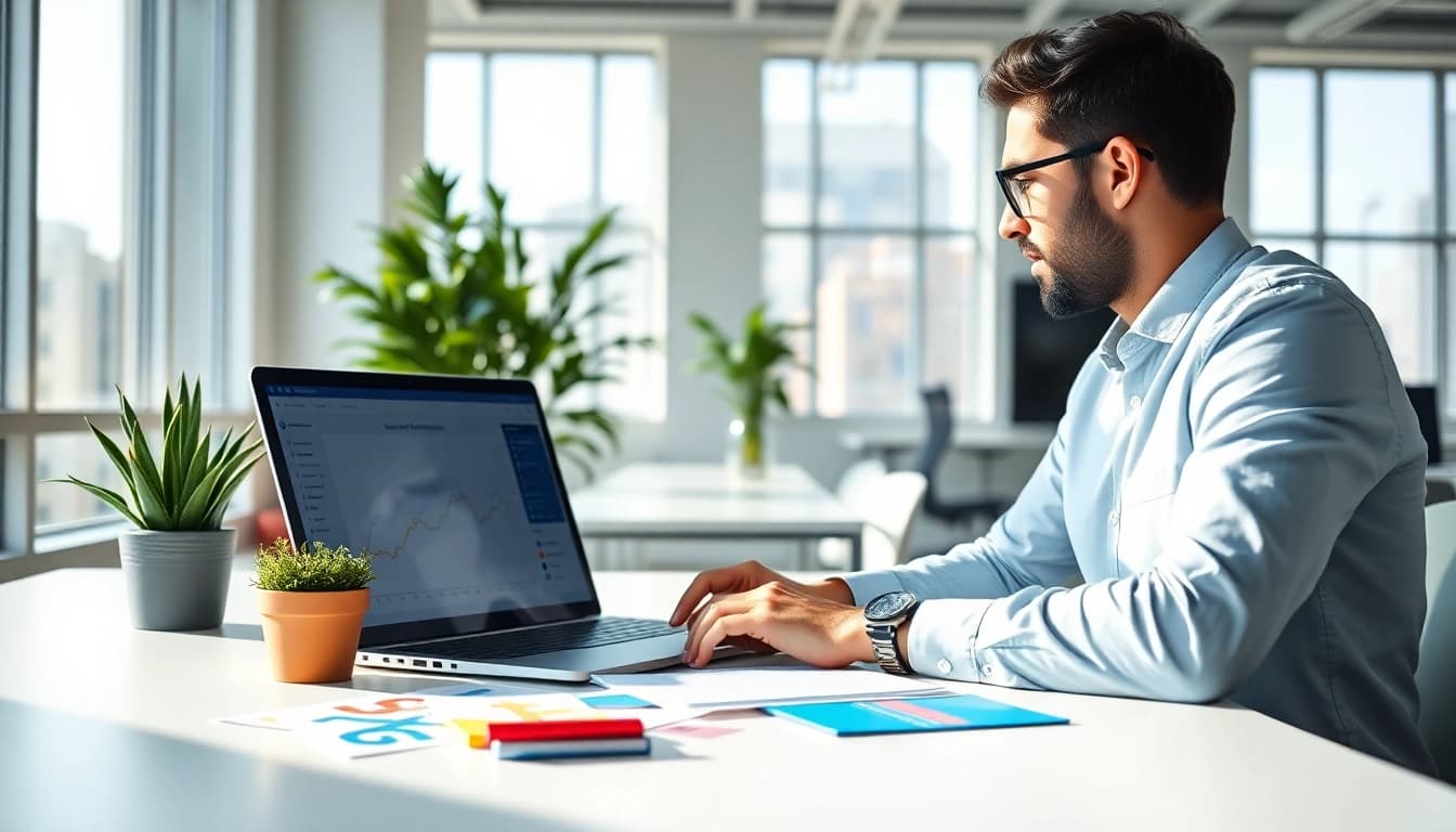 Social media marketing Edmonton expert analyzing campaign strategies in a vibrant office setting.