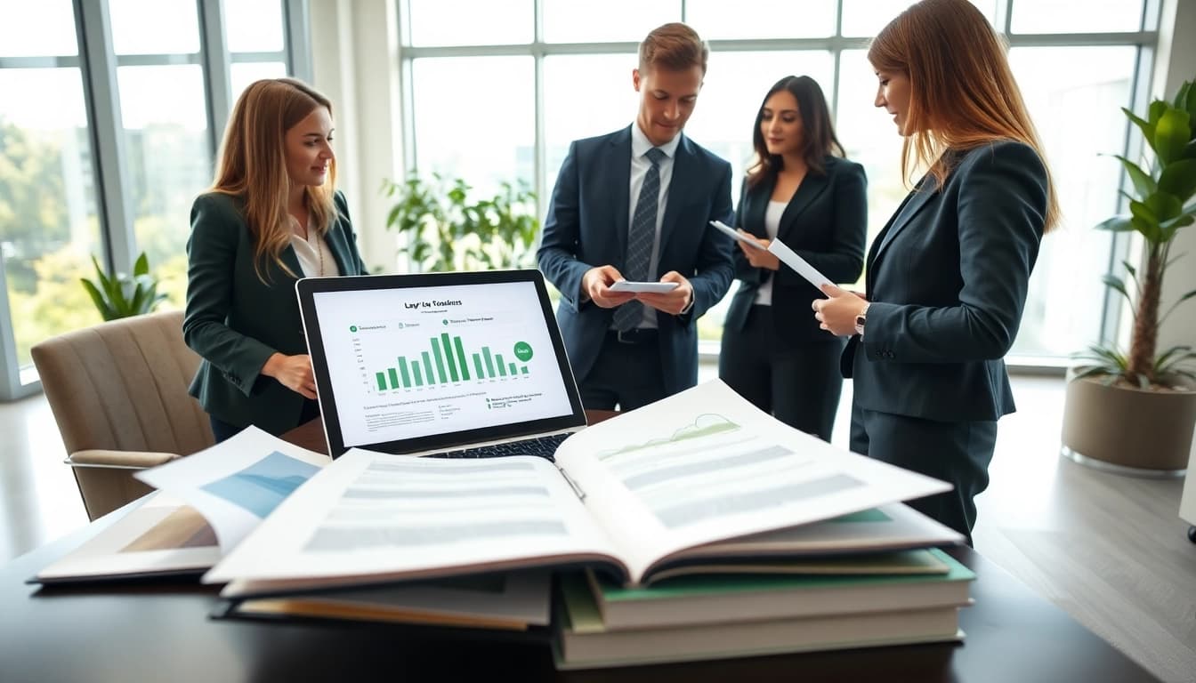 Environmental law firm professionals collaborating in a bright modern office.