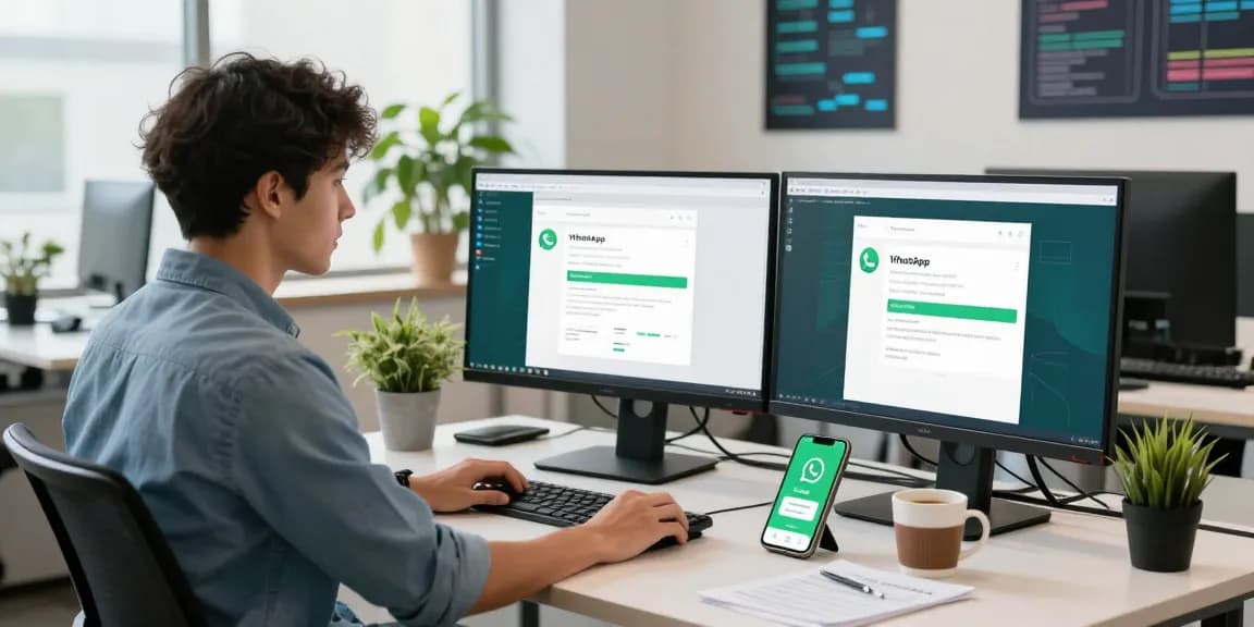 WhatsApp下載 interface displayed on multiple monitors in a modern office workspace.