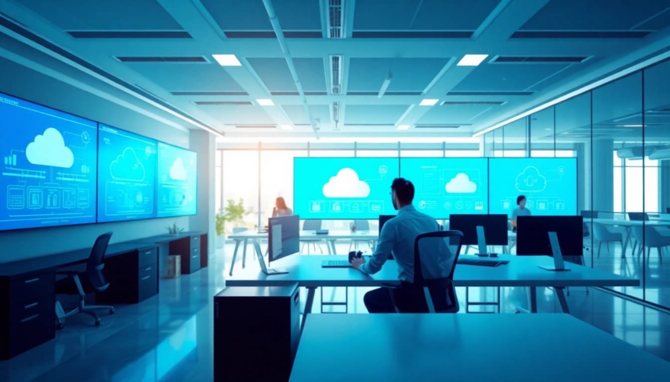 Implement virtualization Fredericksburg in a modern office setting showcasing advanced technologies.