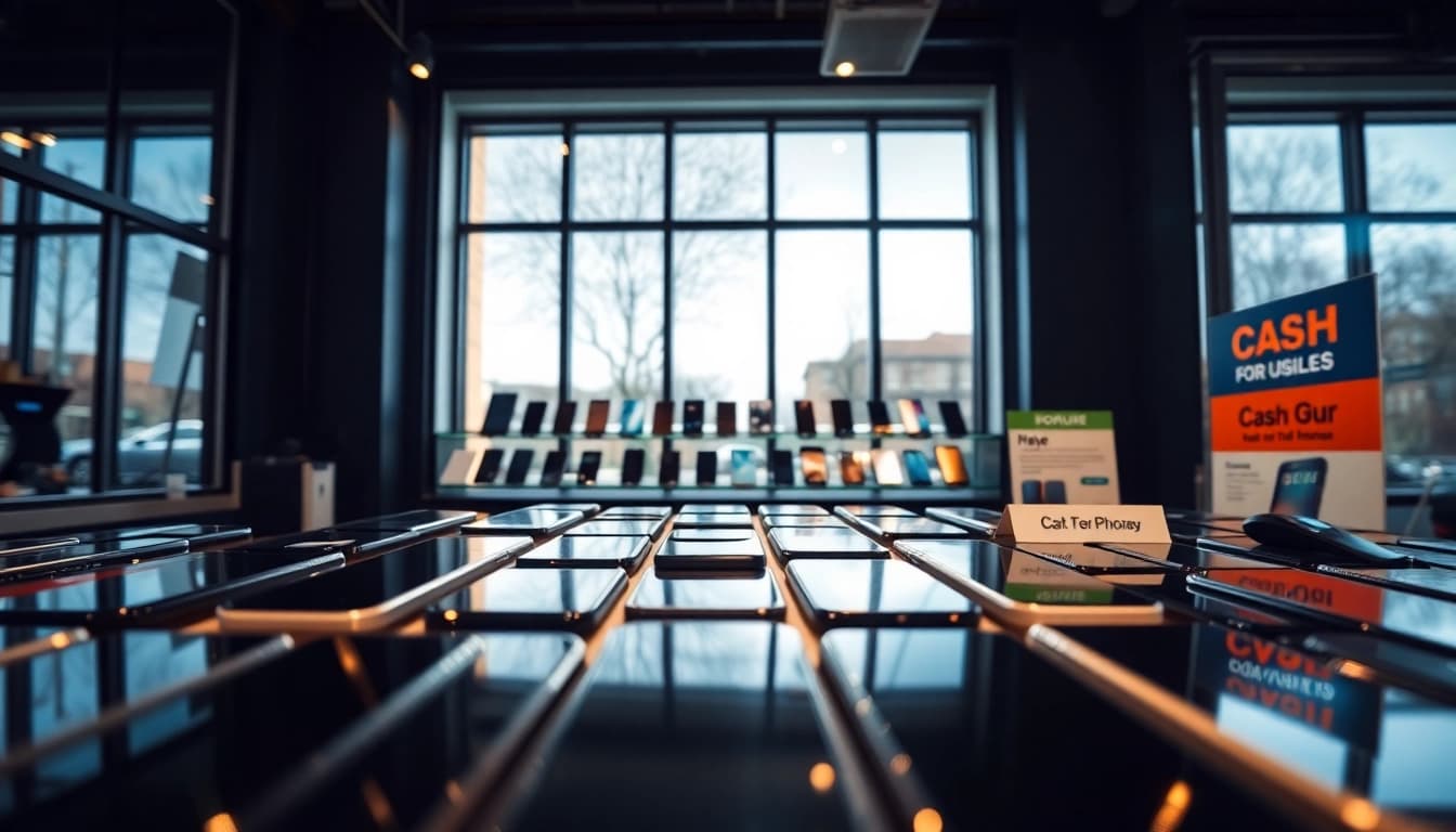 Showcase of cash for used phones in a vibrant storefront with smartphones arranged appealingly.
