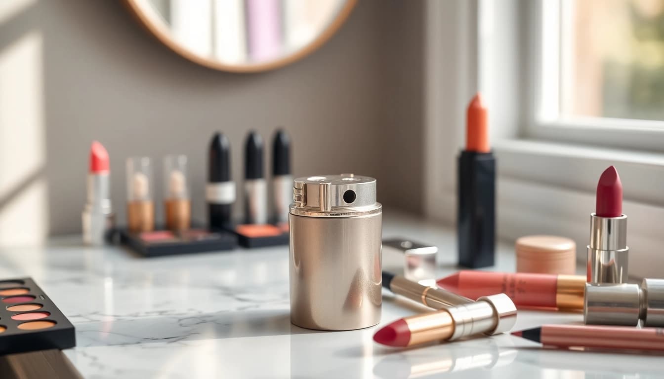 Enhance your makeup experience with a stylish makeup pencil sharpener on a marble vanity.
