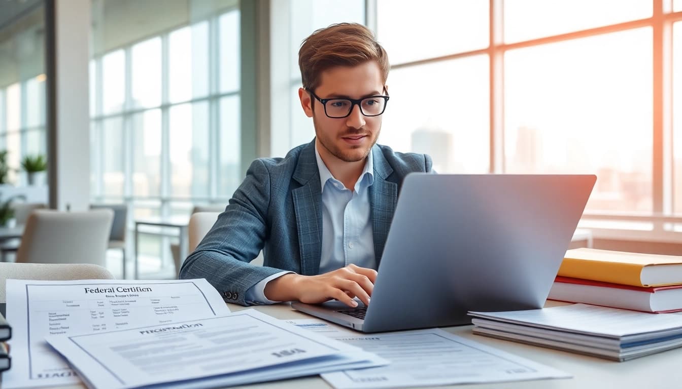 Consultant handling registration and certification in Federal databases for federal contracts in a bright office.