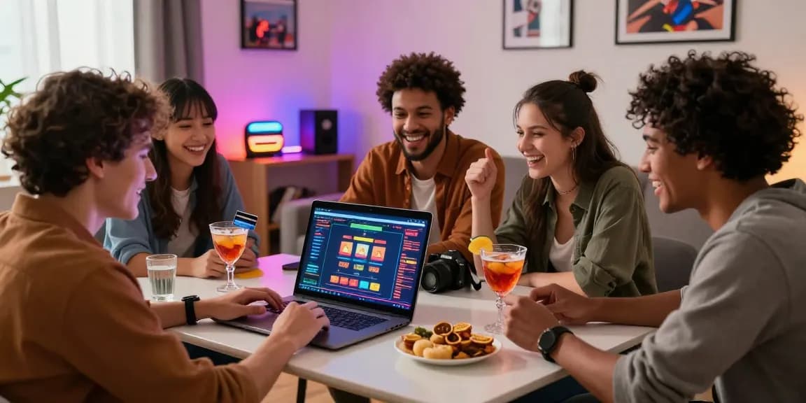 Friends enjoying online casinos that accept credit cards in a lively living room setting.