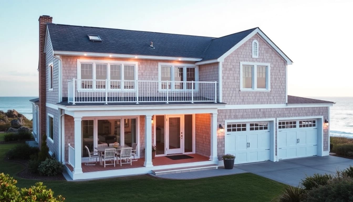 Cape Cod home featuring a modern expansion and attached garage amidst coastal beauty.