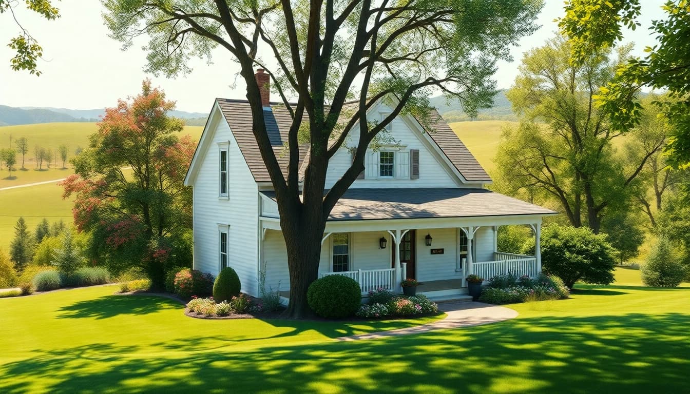 Canton Farmhouse showcasing inviting design amidst lush greenery and blooming gardens.