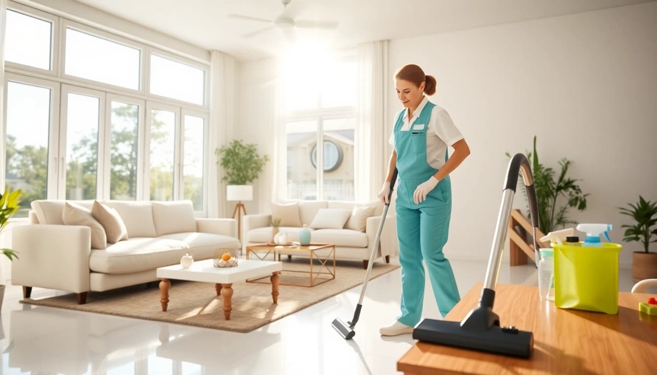 Book cleaning services near me and see a friendly cleaner transforming a bright living room.