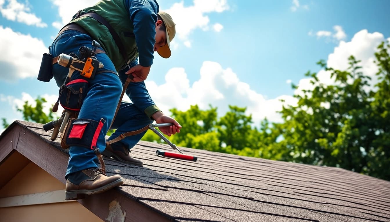 Roof repair technician evaluating a roof's condition with tools, exemplifying expertise and reliability.
