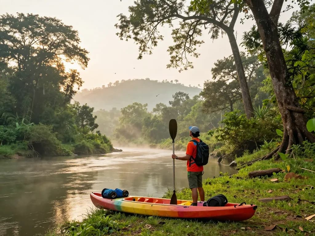 Kayaking adventure in Dandeli's lush landscape at sunrise.