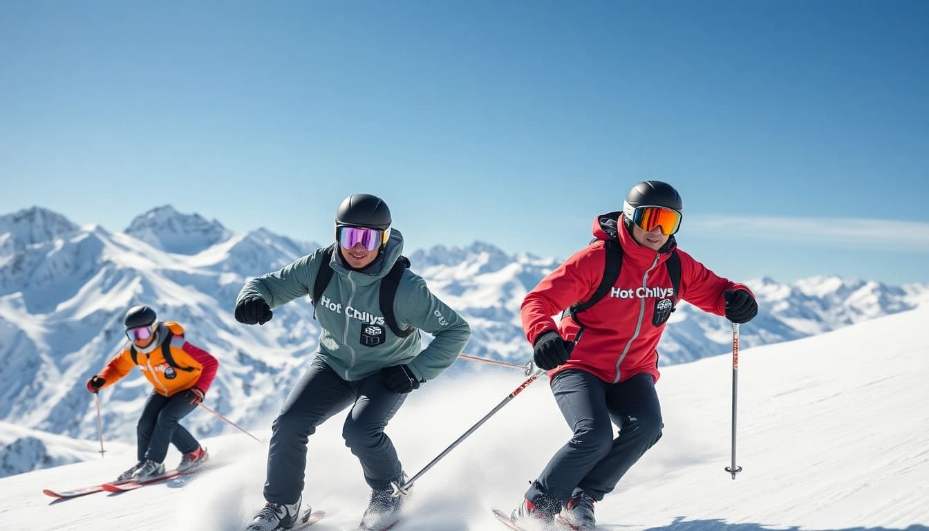 Experience Hot Chillys thermal wear enhancing skiers' performance on a snowy mountain.