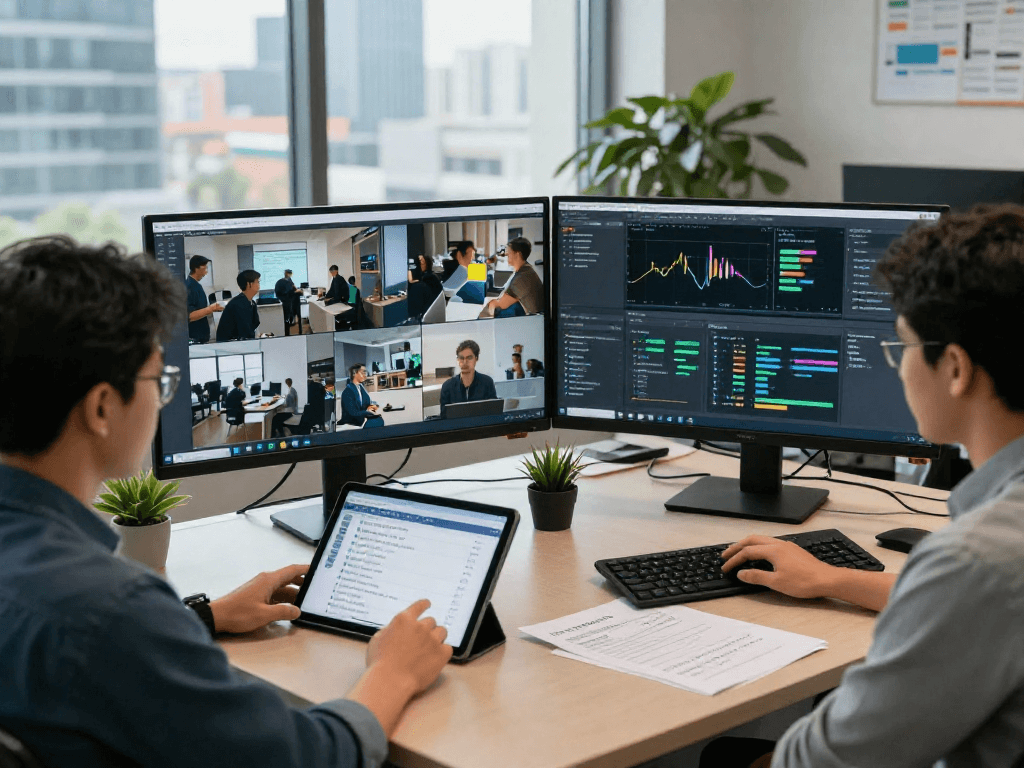 Detect AI images in a modern moderation control room with professionals analyzing flagged content.