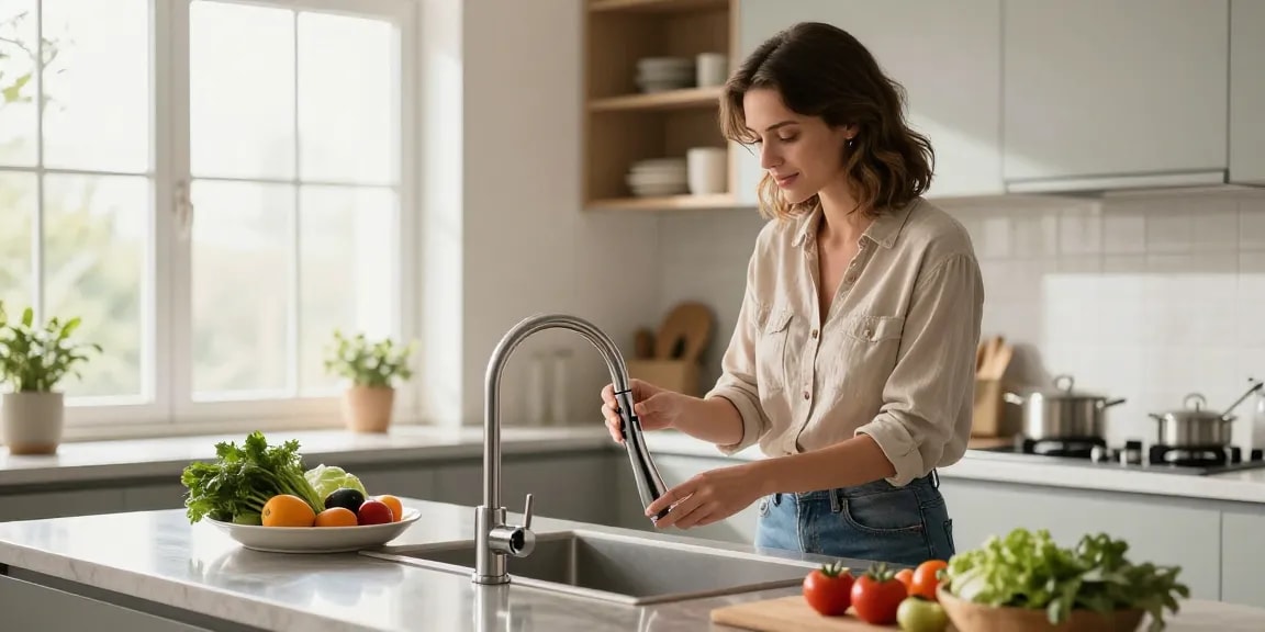 Modern kitchen showcasing kitchen faucets in use by a woman preparing fresh ingredients.