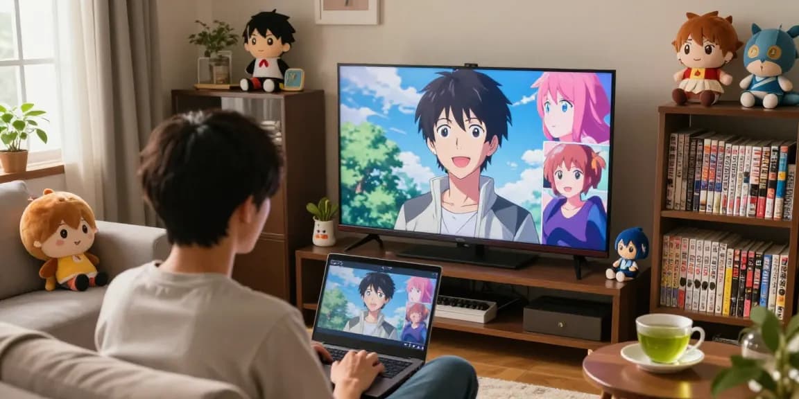 Pengguna animeplay sedang menonton anime di ruang tamu yang nyaman dengan dekorasi anime yang menarik.