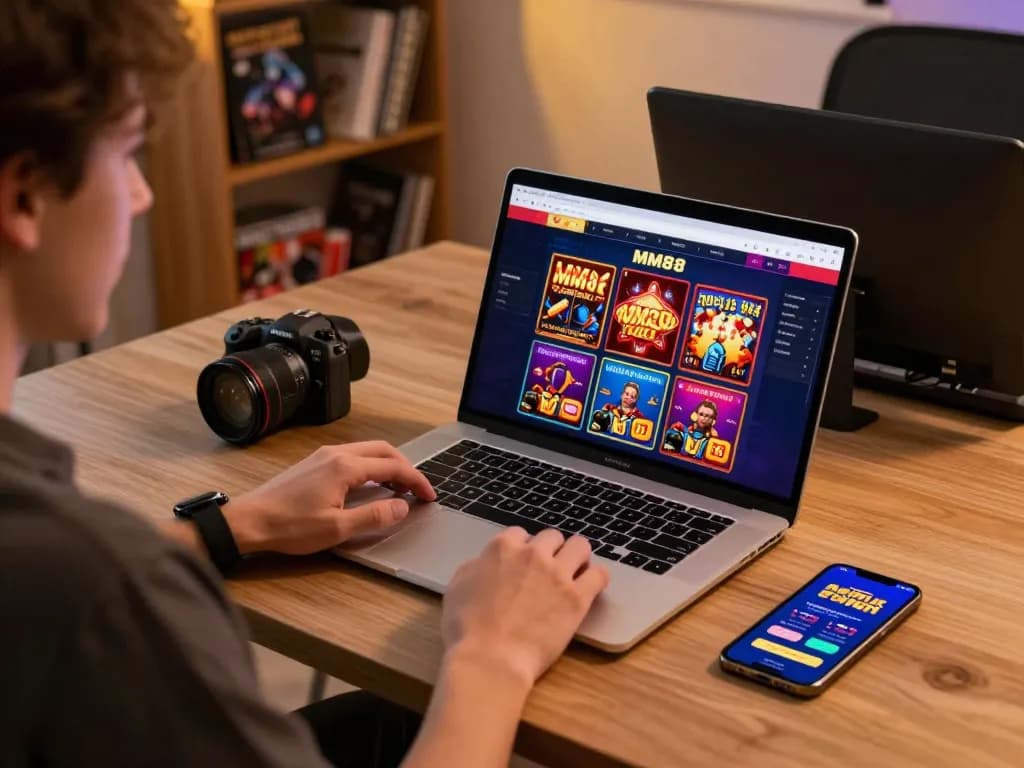 Engaging in online gaming at Trang chủ MM88, featuring vibrant graphics and a cozy atmosphere.