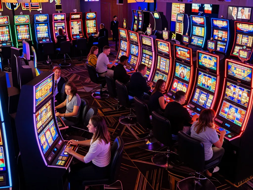 Engaging players experiencing slot gacor gampang menang at a lively casino floor filled with colorful machines.