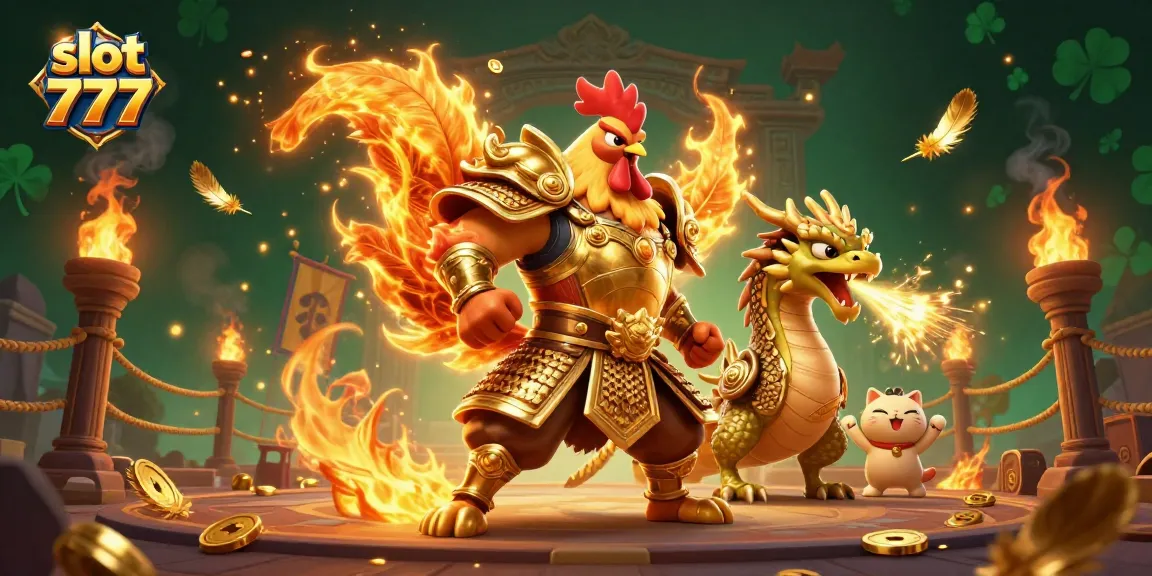 Engage with slot 777 as a powerful rooster warrior takes center stage amidst casino elements and gold.