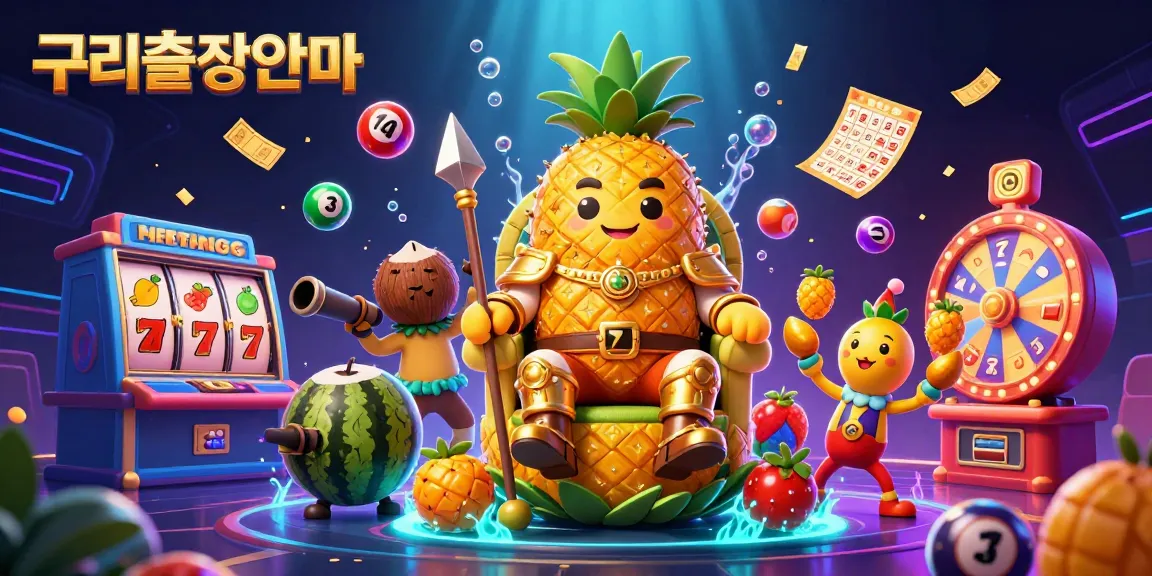 Engage with 구리출장안마 through a lively casino scene featuring the golden pineapple king, vibrant lottery balls, and spinning prizes.