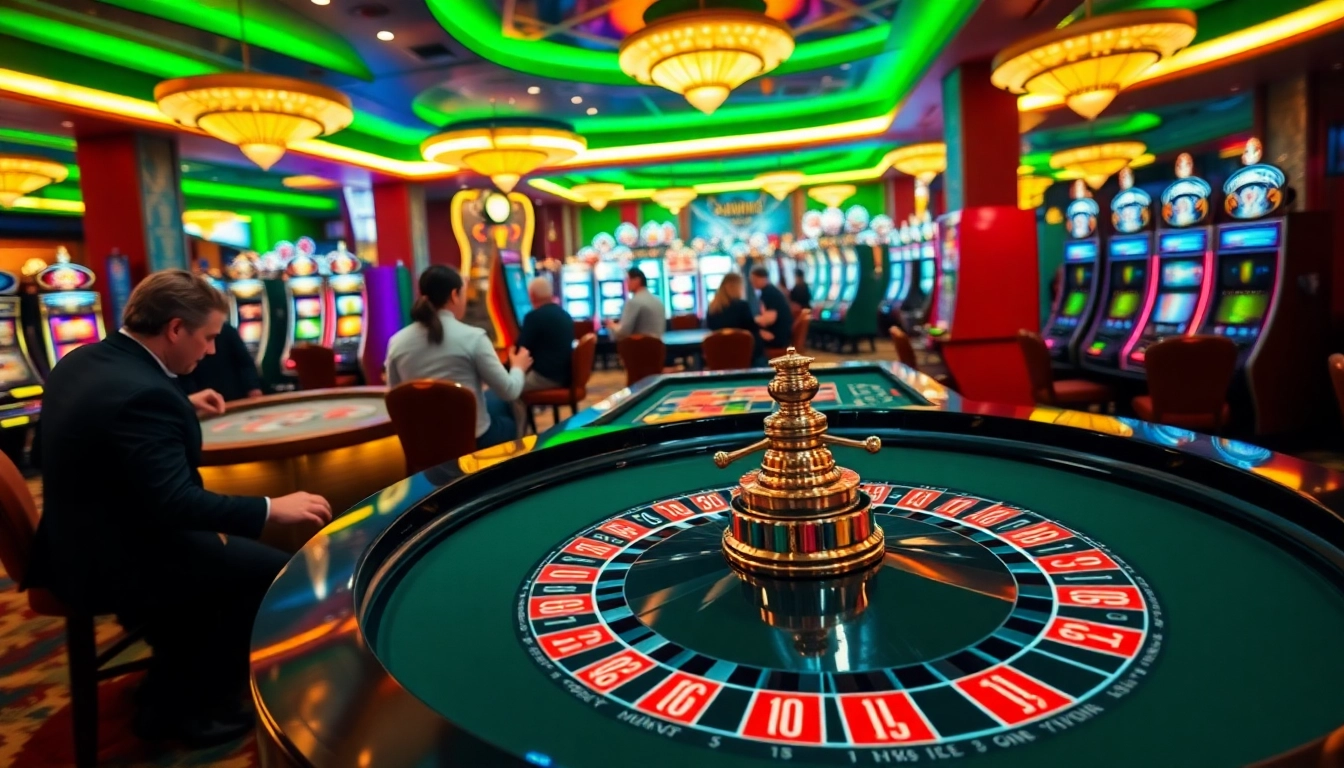 Menangkan dewalive di meja roulette dengan mesin slot berwarna cerah di latar belakang.