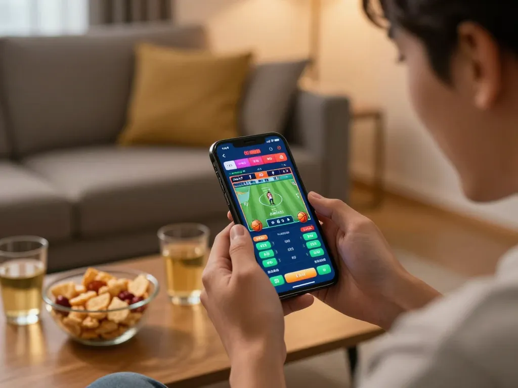 Experience the thrill of winstrike69 with a person placing live sports bets on a smartphone in a cozy home setting.