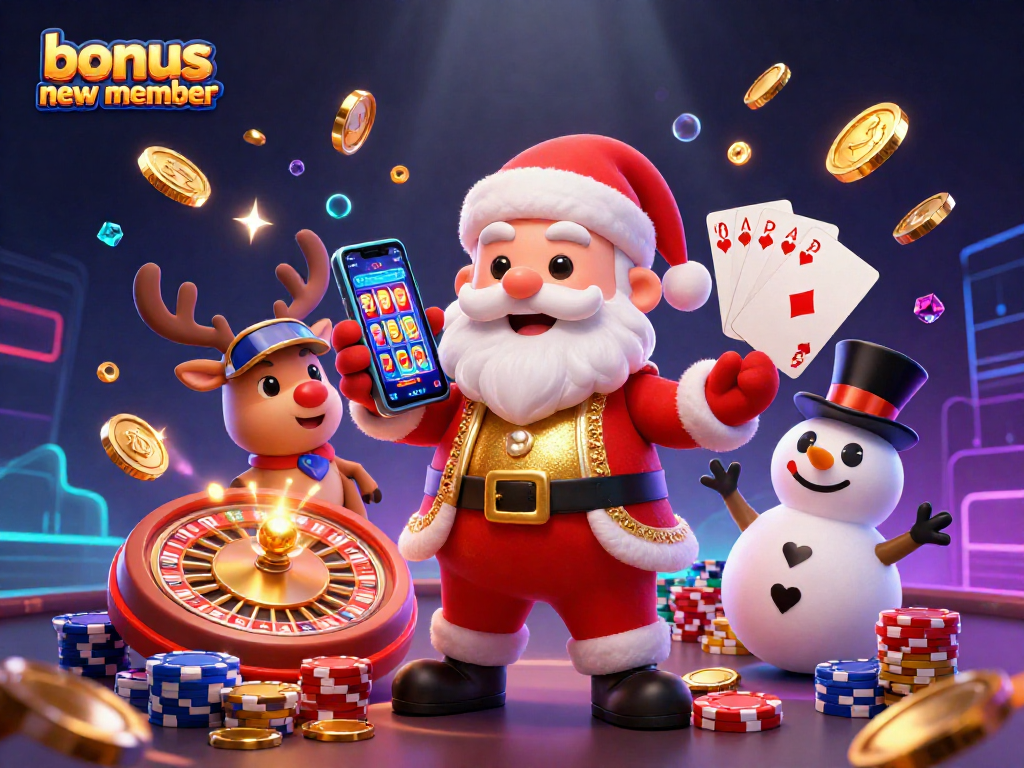 Engage with the bonus new member opportunity in this vibrant casino illustration featuring Santa and friends.
