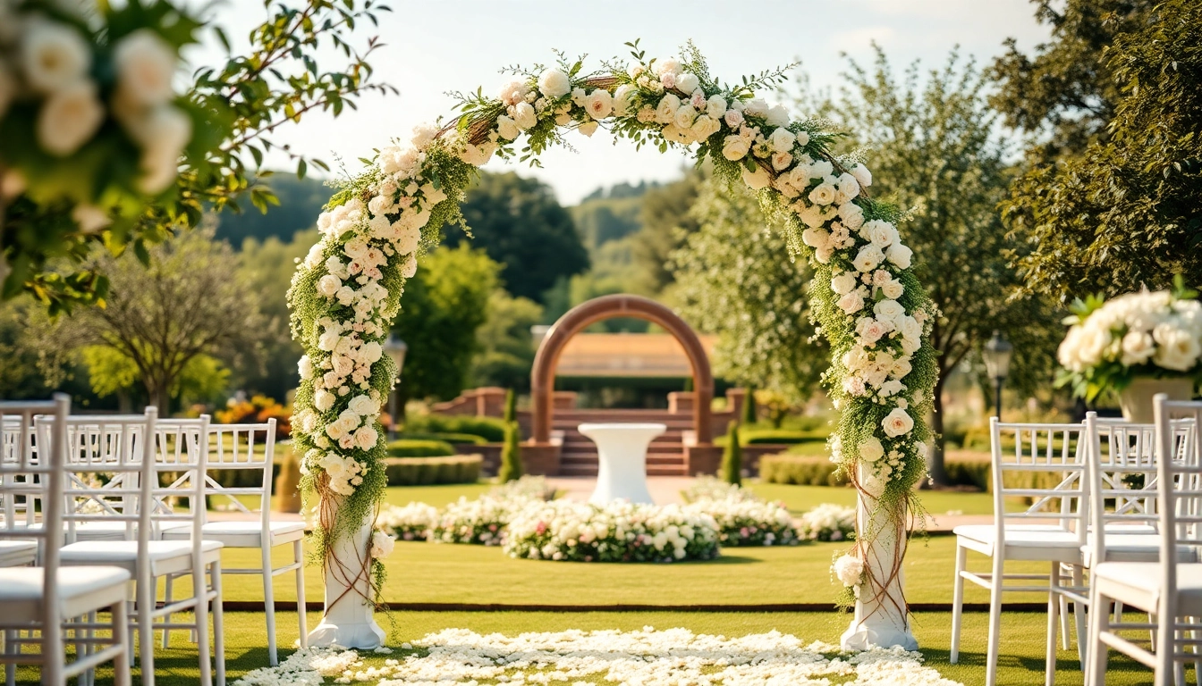 Hochzeits location mit einer eleganten Zeremonie im Freien, ausgestattet mit Blumen.