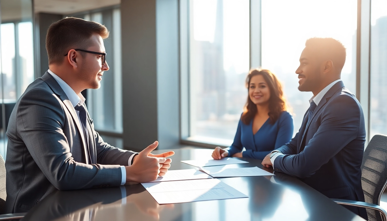 Headhunter conducting an interview in a bright, modern office setting.