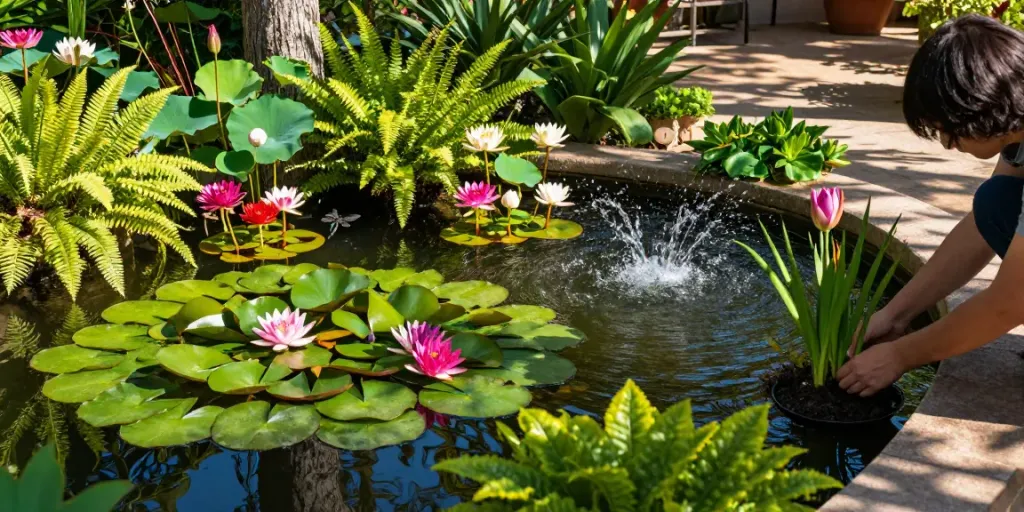 Pond Plants flourishing in a serene garden pond with water lilies and lotus, showcasing vibrant colors and a calm atmosphere.