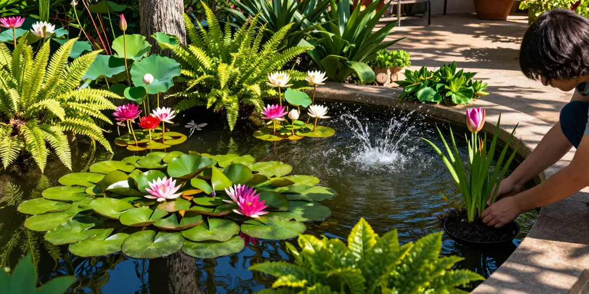 Pond Plants flourishing in a serene garden pond with water lilies and lotus, showcasing vibrant colors and a calm atmosphere.