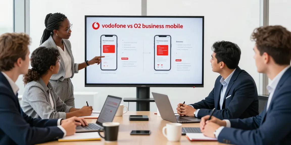 Team discussing Vodafone vs O2 business mobile options in a bright office.