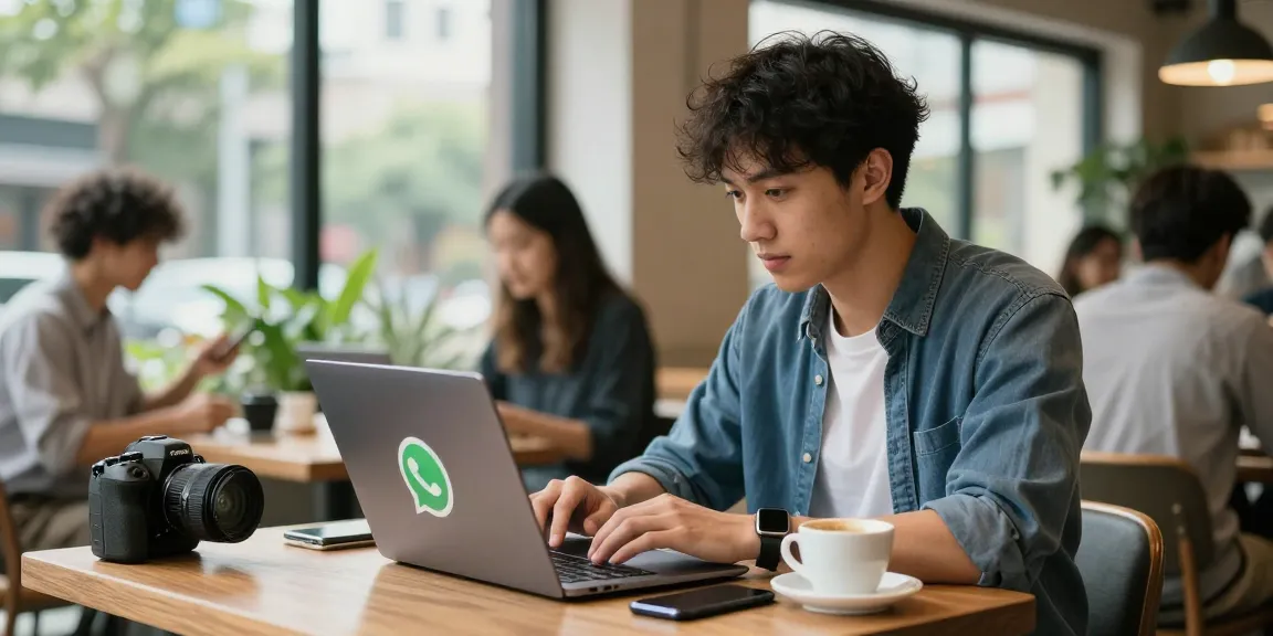 Person using laptop to download WhatsApp下載 in a lively café setting with modern equipment.
