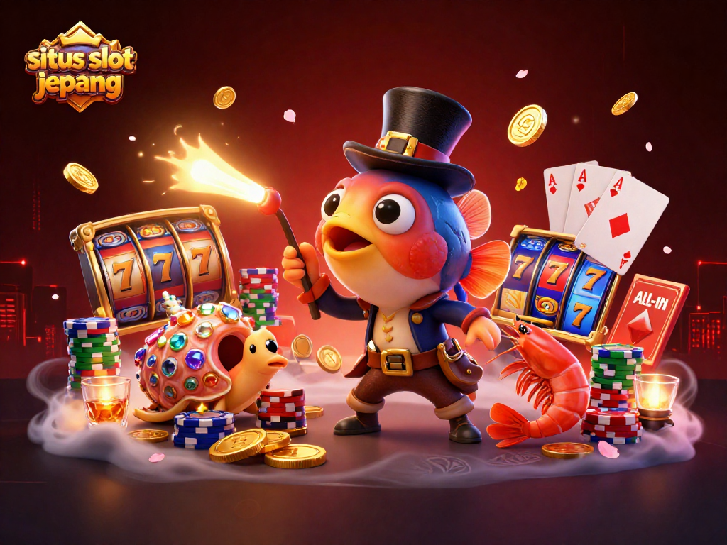 Engage with situs slot jepang features as the anglerfish attracts golden coins amidst vibrant casino elements.