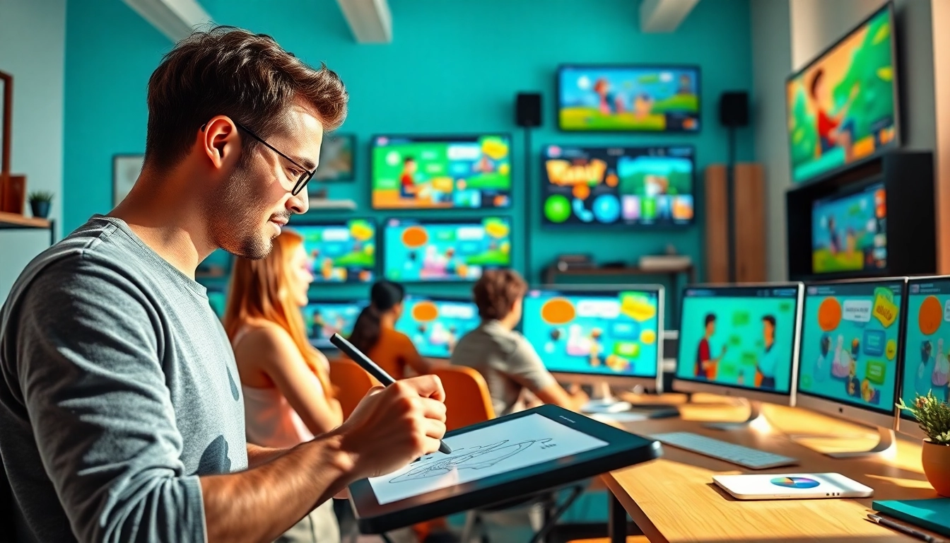 Animationsagentur zeigt kreative Zusammenarbeit in einem modernen Animationstudio.