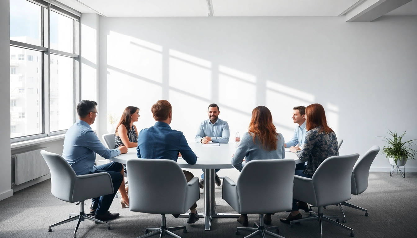 Mediation session with diverse participants engaged in constructive discussion.