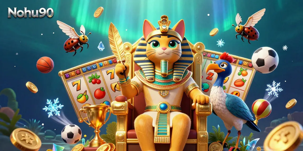 Nohu90 showcases a vibrant 3D illustration of a pharaoh cat and ibis in a casino-themed environment, blending classic and dynamic elements.